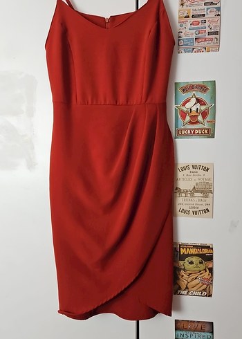 Kiremit Rengi Askılı Drapeli Abiye Elbise - Görsel 4