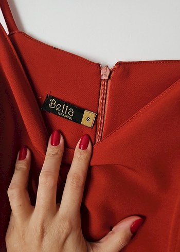 Kiremit Rengi Askılı Drapeli Abiye Elbise - Görsel 2