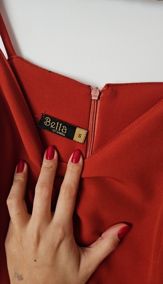 Kiremit Rengi Askılı Drapeli Abiye Elbise - Görsel 2