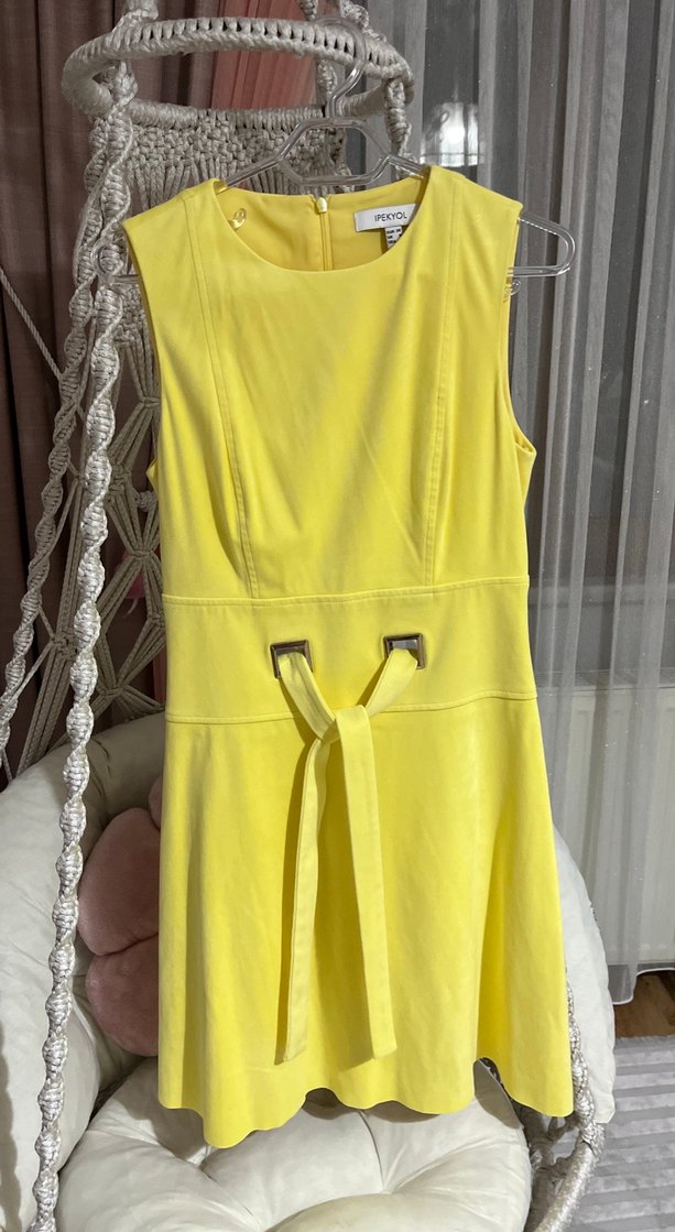 Sarı Parlak Yılan Desenli Midi Kalem Elbise - Görsel 2