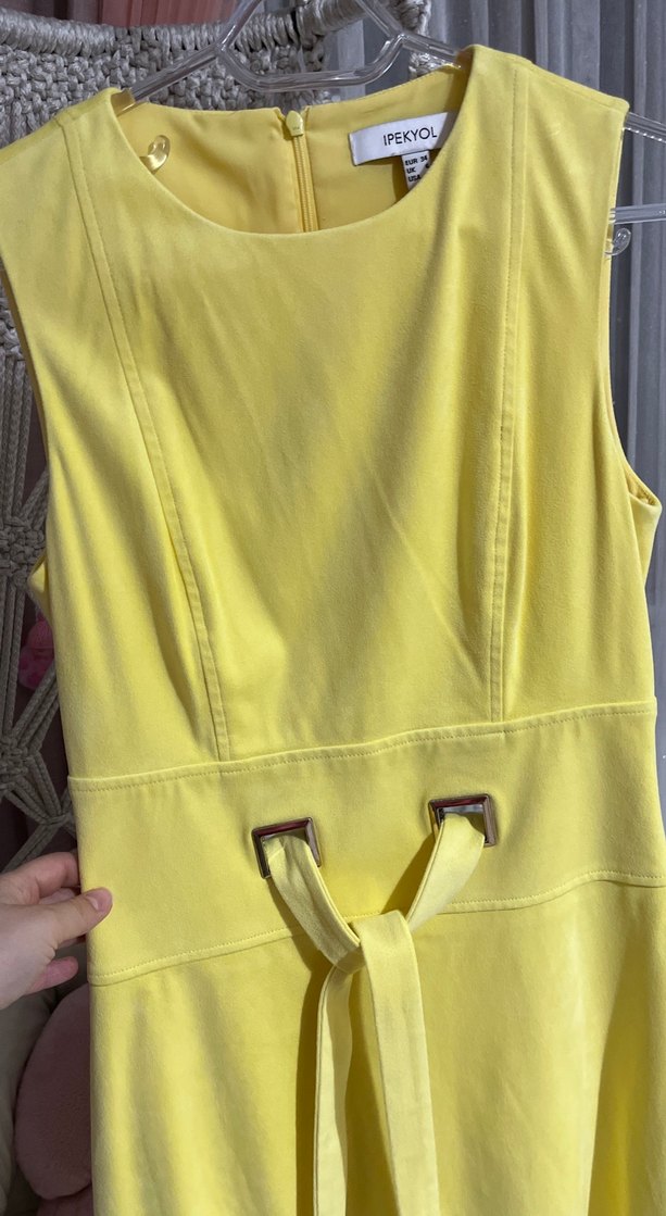 Sarı Parlak Yılan Desenli Midi Kalem Elbise - Görsel 5