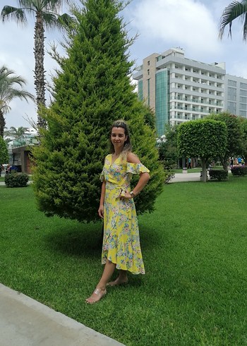 Sarı Çiçekli Uzun Bohem Elbise - Görsel 6