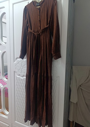 Kahverengi Piliseli uzun kollu elbise - Görsel 2