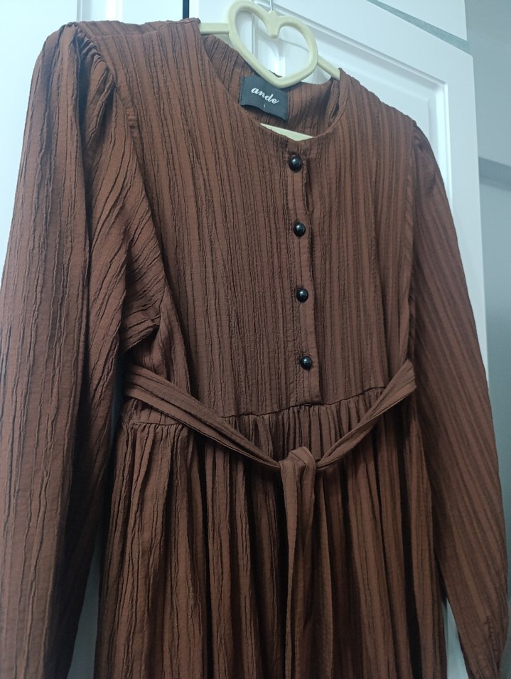 Kahverengi Piliseli uzun kollu elbise - Görsel 3