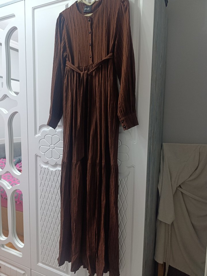 Kahverengi Piliseli uzun kollu elbise - Görsel 2