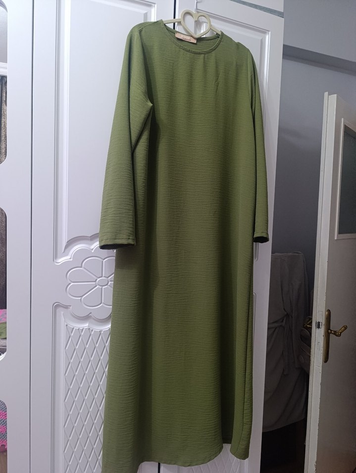 behara marka Uzun Koyu Yeşil Kadın Salaş Kapüşonlu Elbise - Görsel 4