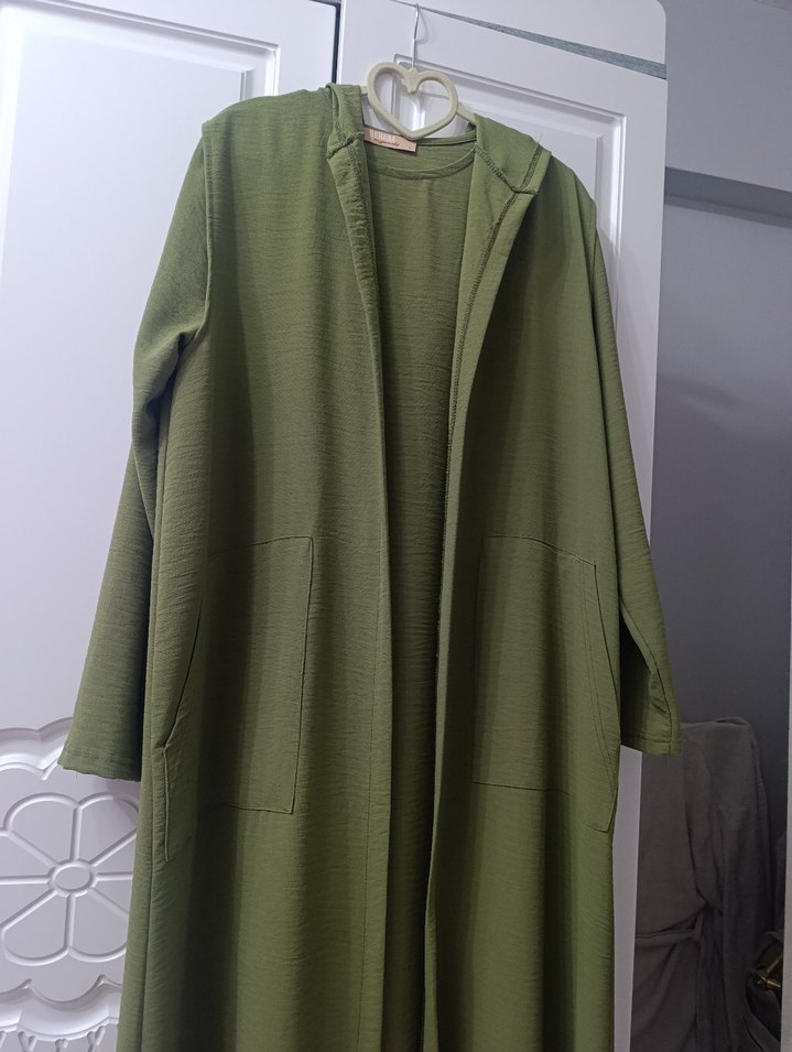 behara marka Uzun Koyu Yeşil Kadın Salaş Kapüşonlu Elbise - Görsel 2