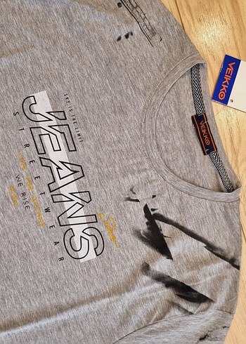 Gri Baskılı Denim T-shirt, Kısa Kollu, Rahat Kesim - Görsel 4