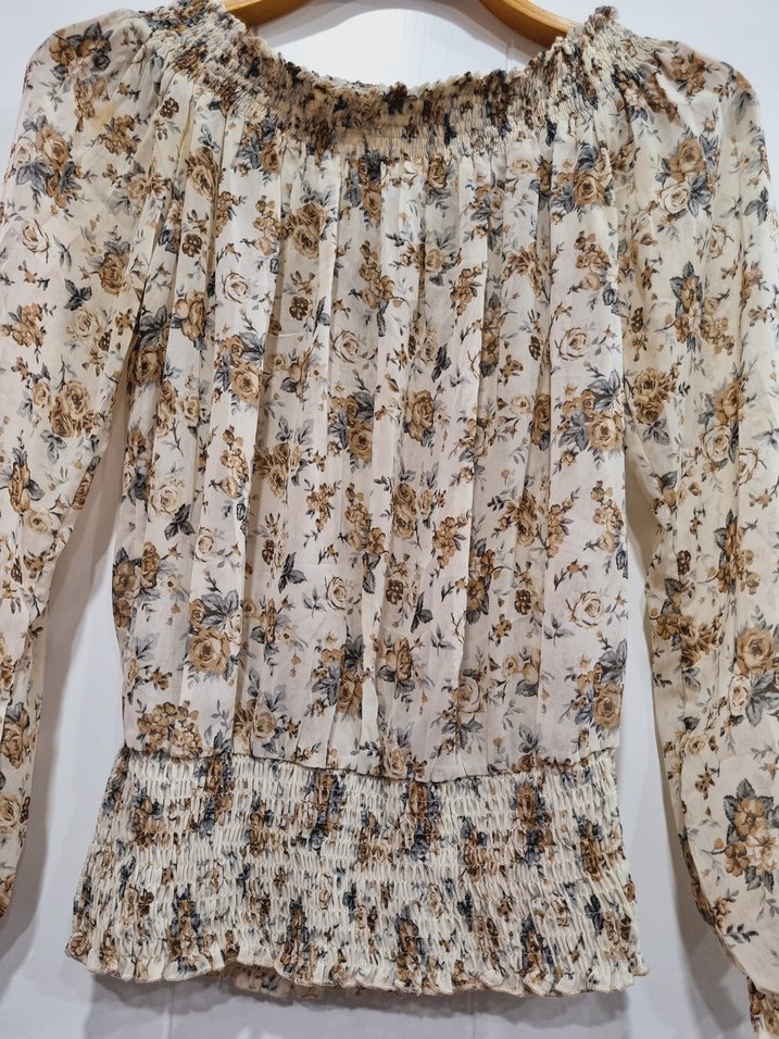 Bej Bohem Uzun Kollu Bluz Fırfırlı - Görsel 2