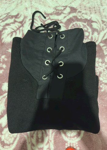 Siyah Yüksek Yakalı Örgü Kadın Kazak - Görsel 2