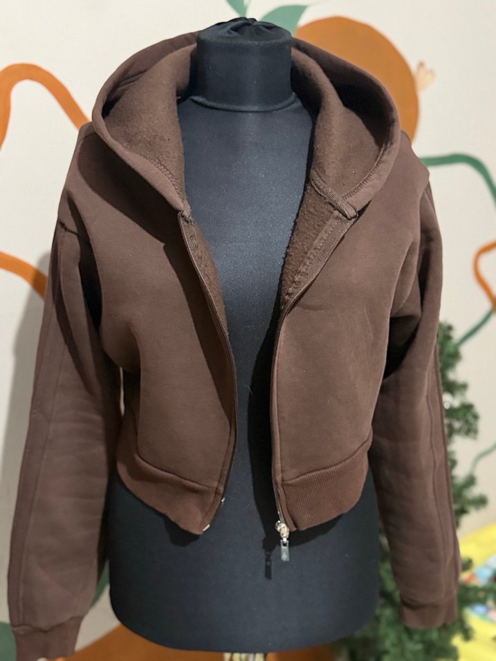Kahverengi Kapüşonlu Kısa Sweatshirt — görsel 7/9