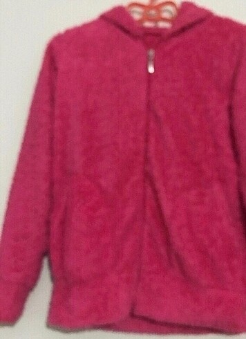 Pembe Yünlü Kapüşonlu Hırka