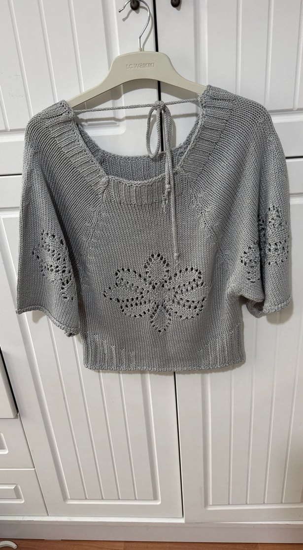 Gri Nakışlı Bohem Kısa Triko Kadın Kazak - Görsel 3