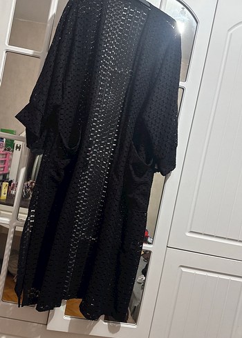 44 Beden Uzun Siyah Dantel Detaylı Kadın Kimono