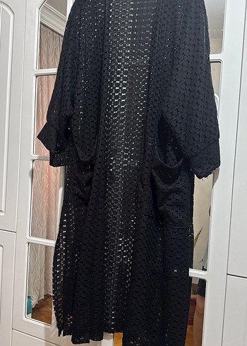 Uzun Siyah Dantel Detaylı Kadın Kimono