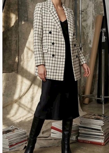 Zara Siyah Beyaz Kareli Cift Sirali Blazer