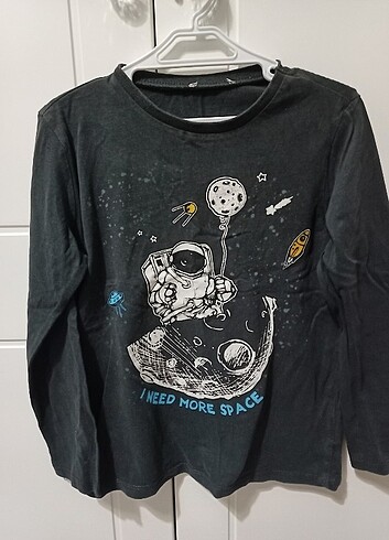 Astronot baskılı uzun kollu füme renkli t-shirt 