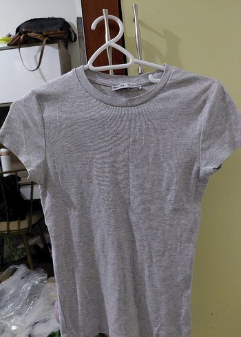 Bershka Gri Pamuklu Bisiklet Yaka Bluz