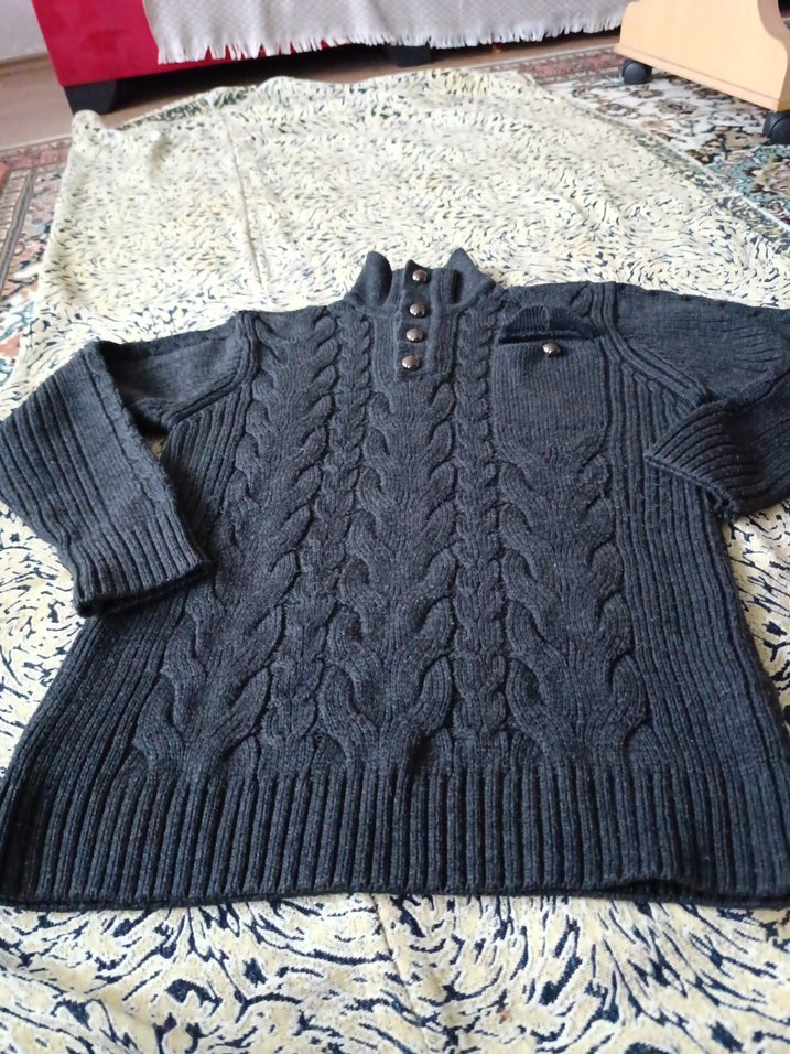 Düğmeli Gri Yün Erkek Kazak - Görsel 2