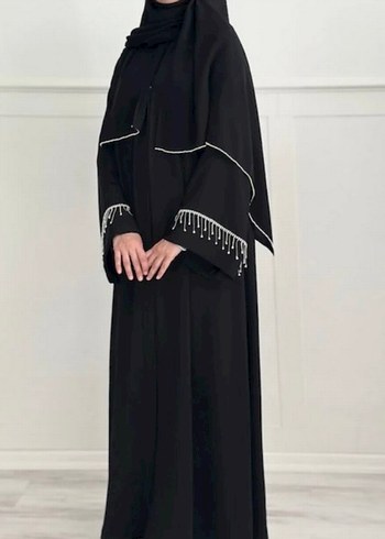 Armine Siyah Tasli Medine İpegi Abaya Sal Takim Tesettur Elbise