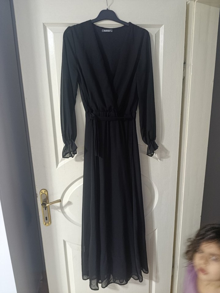 Siyah Uzun V Yaka Kadın Elbise - Görsel 5