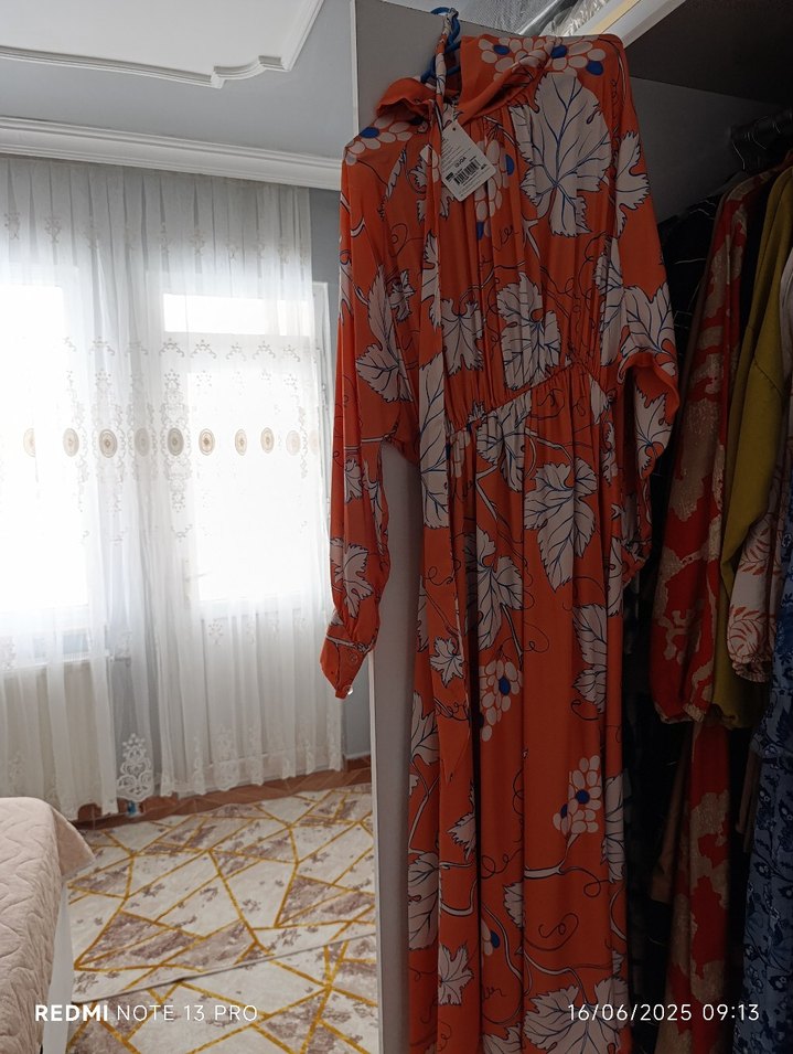 Turuncu Bohem Uzun Desenli Elbise - Görsel 2