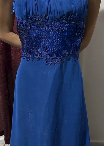 Mavi Uzun Drapeli Straplez Abiye Elbise - Görsel 2