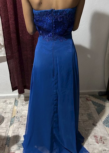 Mavi Uzun Drapeli Straplez Abiye Elbise - Görsel 5