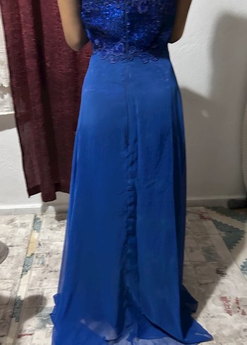 Mavi Uzun Drapeli Straplez Abiye Elbise - Görsel 4