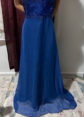 Mavi Uzun Drapeli Straplez Abiye Elbise - Görsel 3