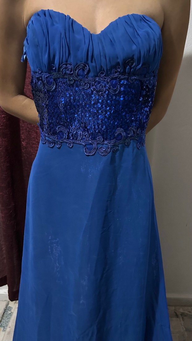 Mavi Uzun Drapeli Straplez Abiye Elbise - Görsel 2