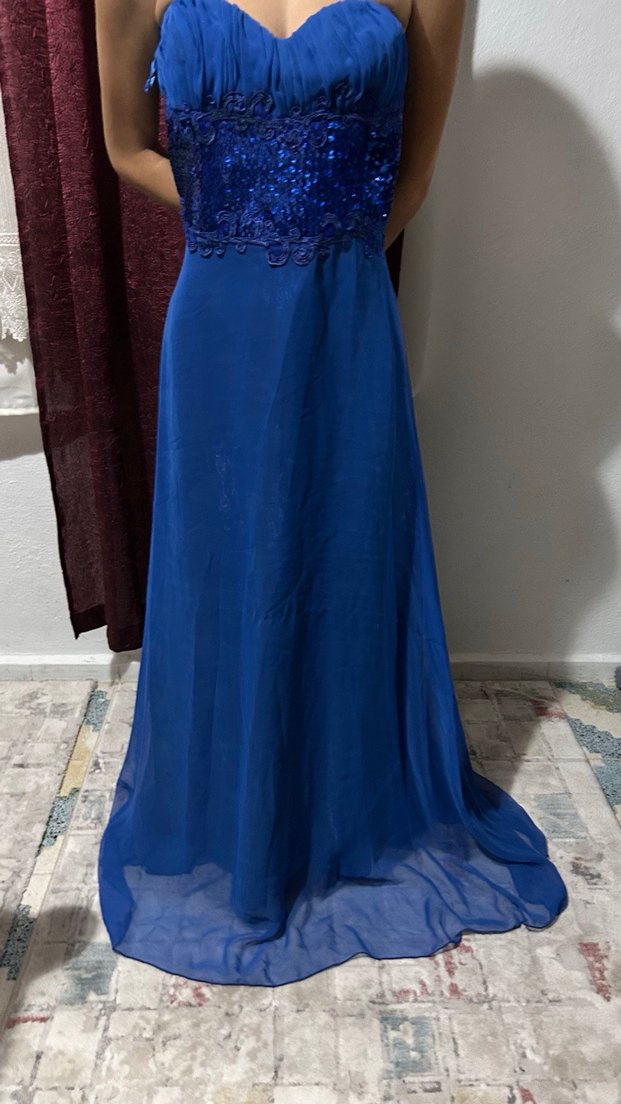 Mavi Uzun Drapeli Straplez Abiye Elbise - Görsel 3