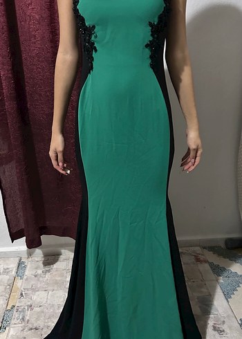 Yeşil Nakışlı Straplez Uzun Abiye Elbise - Görsel 2