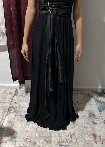 Siyah Straplez Gotik Uzun Abiye Elbise - Görsel 4