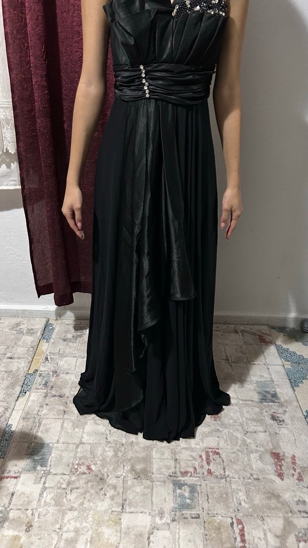 Siyah Straplez Gotik Uzun Abiye Elbise - Görsel 4