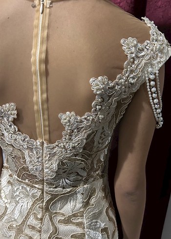 Bej Nakışlı Dantelli Uzun Straplez Abiye - Görsel 6