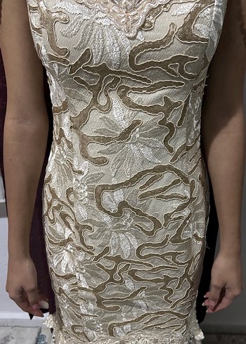 Bej Nakışlı Dantelli Uzun Straplez Abiye - Görsel 4