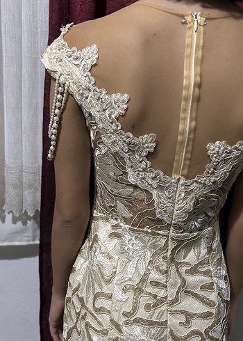 Bej Nakışlı Dantelli Uzun Straplez Abiye - Görsel 5