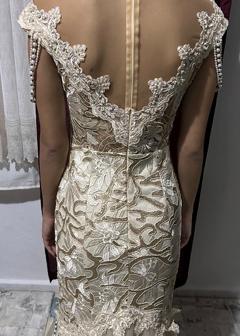 Bej Nakışlı Dantelli Uzun Straplez Abiye - Görsel 7