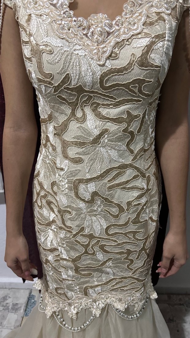 Bej Nakışlı Dantelli Uzun Straplez Abiye - Görsel 4