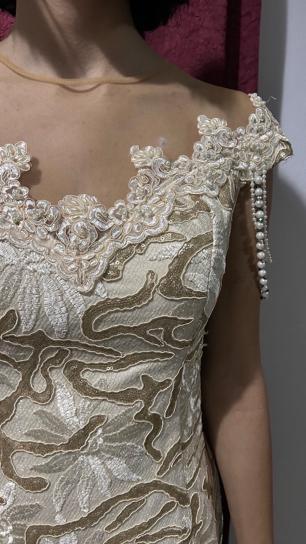 Bej Nakışlı Dantelli Uzun Straplez Abiye - Görsel 3