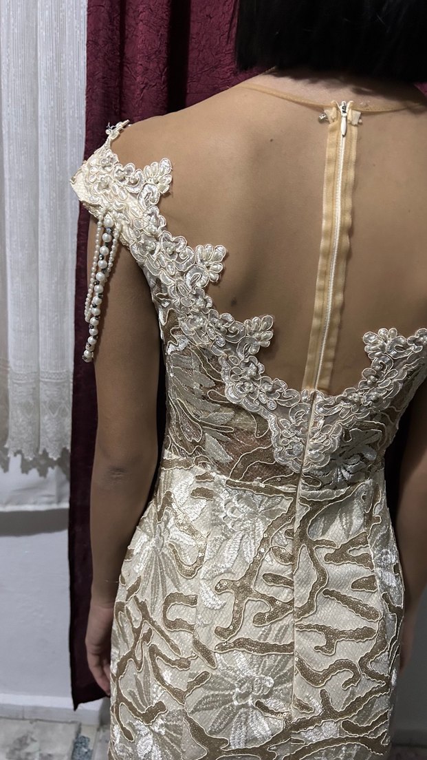 Bej Nakışlı Dantelli Uzun Straplez Abiye - Görsel 5