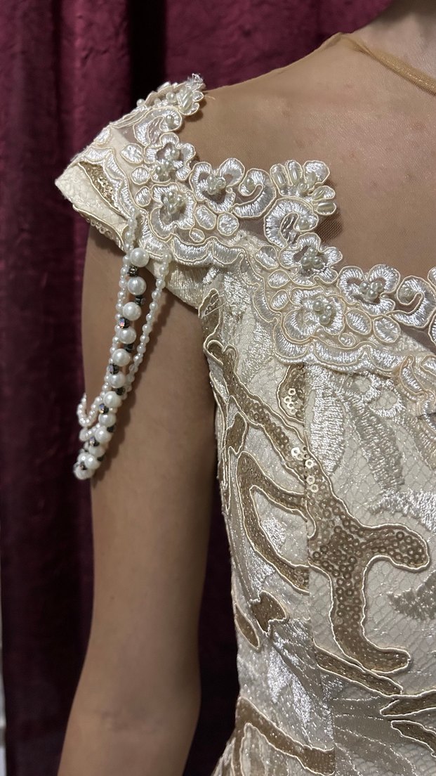 Bej Nakışlı Dantelli Uzun Straplez Abiye - Görsel 2