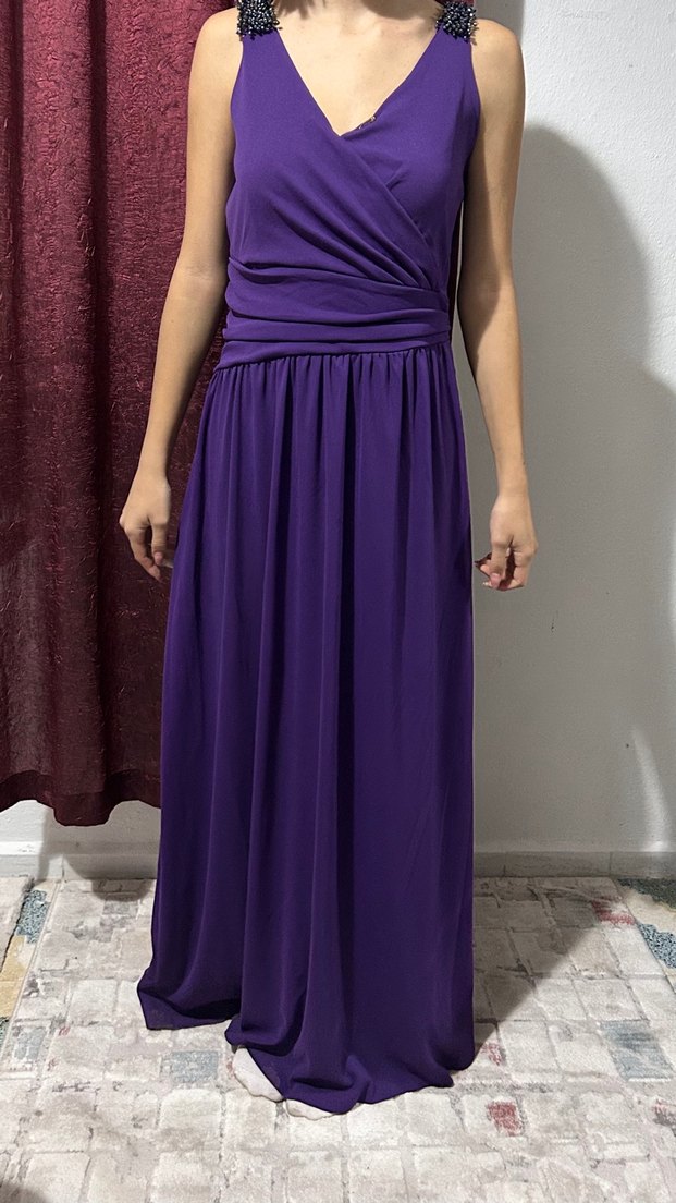 Mor Drapeli Midi Abiye Elbise - Görsel 2