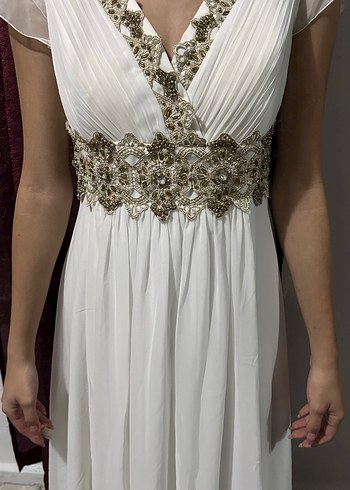 Drapeli V Yaka Beyaz Midi Nişan Elbisesi - Görsel 7