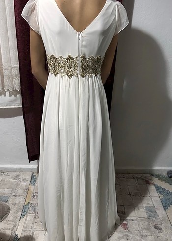 Drapeli V Yaka Beyaz Midi Nişan Elbisesi - Görsel 3