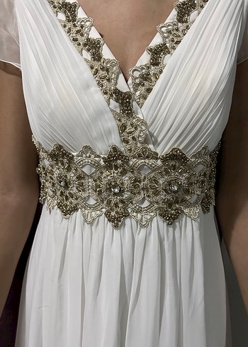 Drapeli V Yaka Beyaz Midi Nişan Elbisesi - Görsel 4