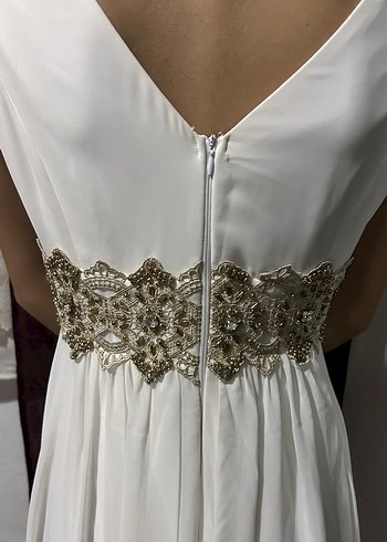 Drapeli V Yaka Beyaz Midi Nişan Elbisesi - Görsel 2