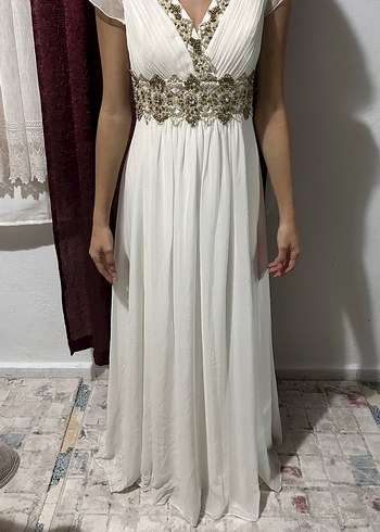 Drapeli V Yaka Beyaz Midi Nişan Elbisesi - Görsel 5