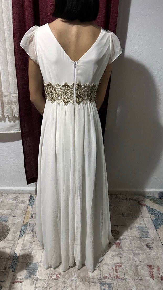 Drapeli V Yaka Beyaz Midi Nişan Elbisesi - Görsel 3